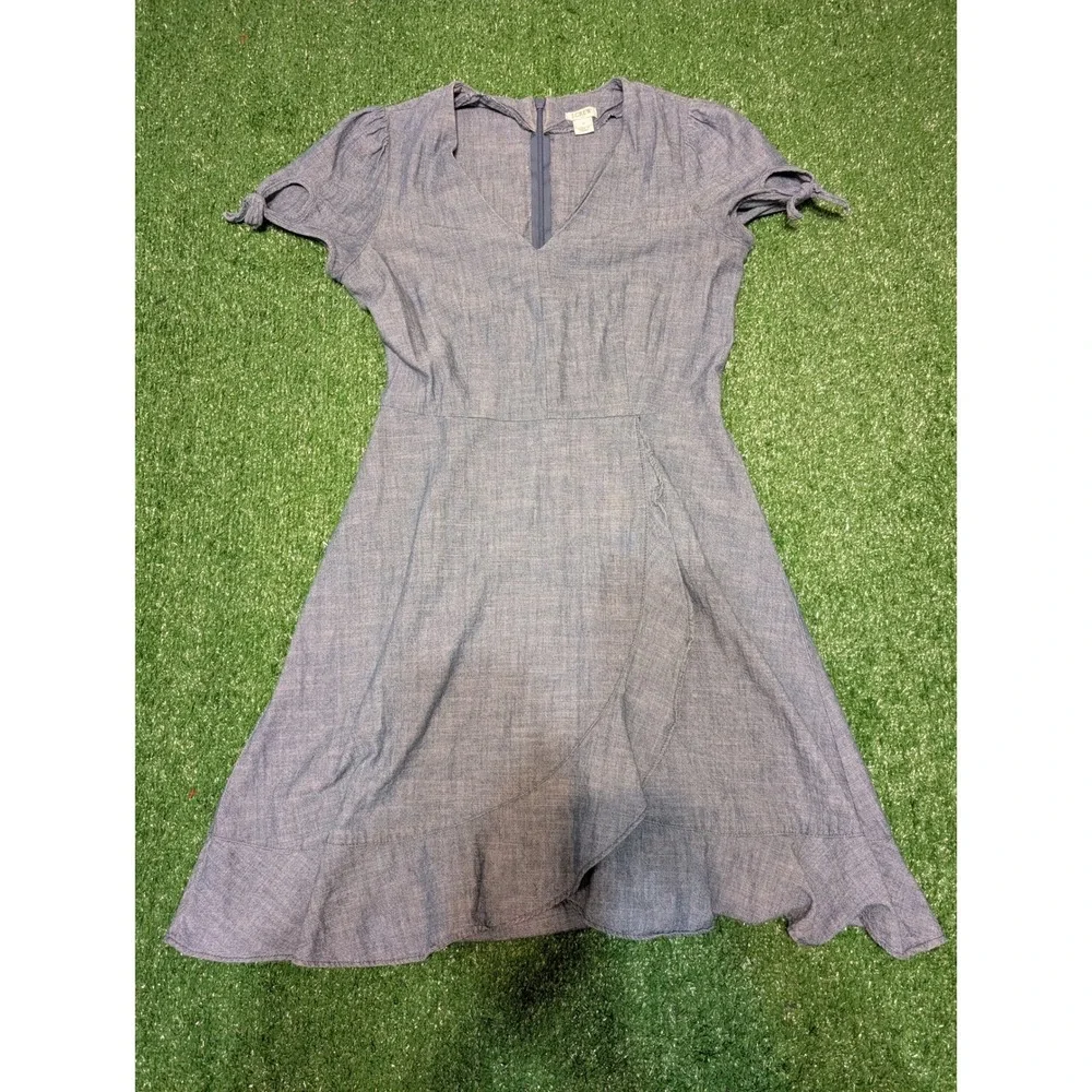 J.Crew Chambray Dress V-Neck‎ Tie Sleeve Ruffle Hem Casual Blue Size 0 (Read)
